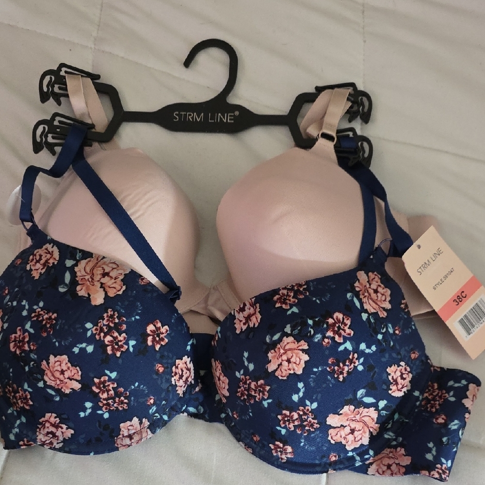 STRM LINE Navy and Pink Floral and Cream Underwire Push Up Bra Set Size 38C